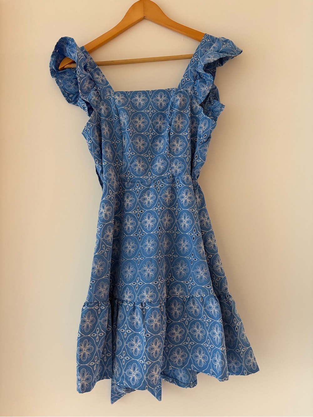 Blue stitch Patterned Ruffle-Strap Mini Dress - Picture 1 of 6